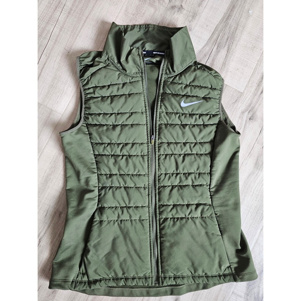 Nike Running AeroLayer Vest Womens Medium Olive Green Puffer Full Zip 856222-395